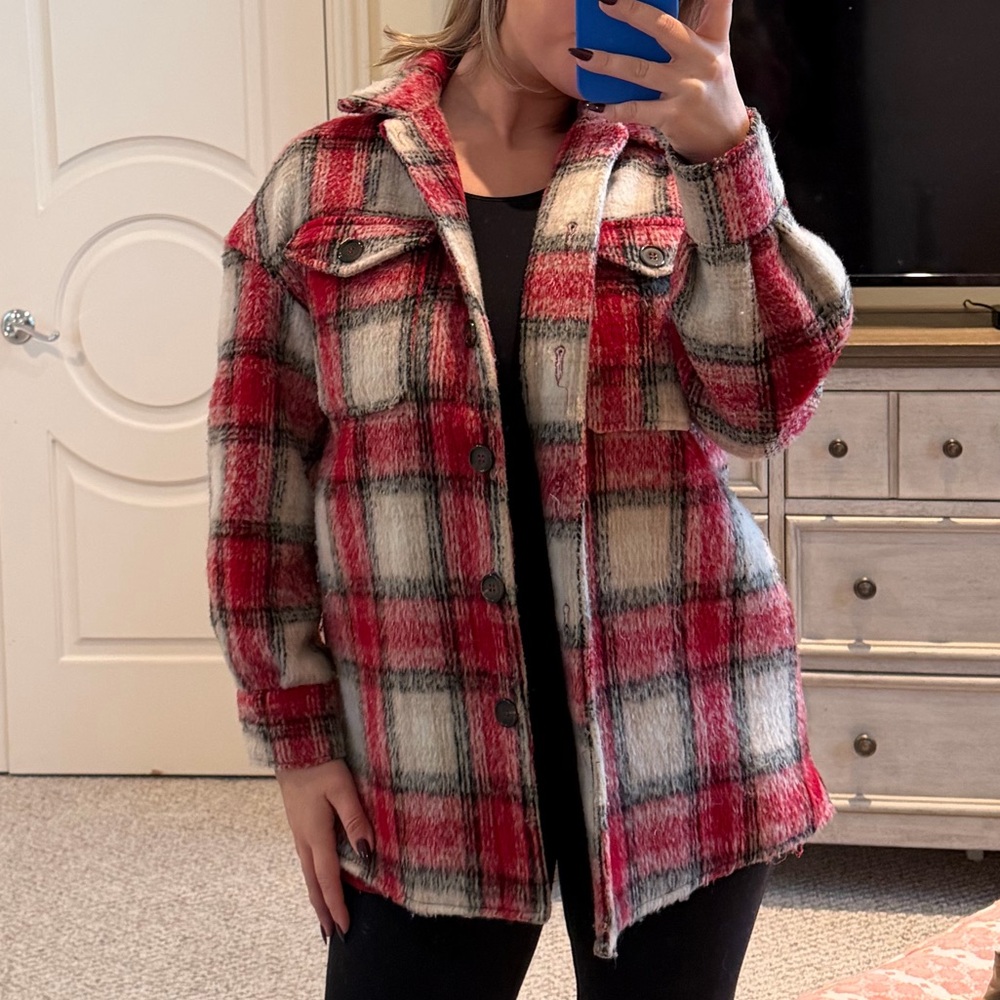 Bagatelle Red and White Plaid Teddy Jacket